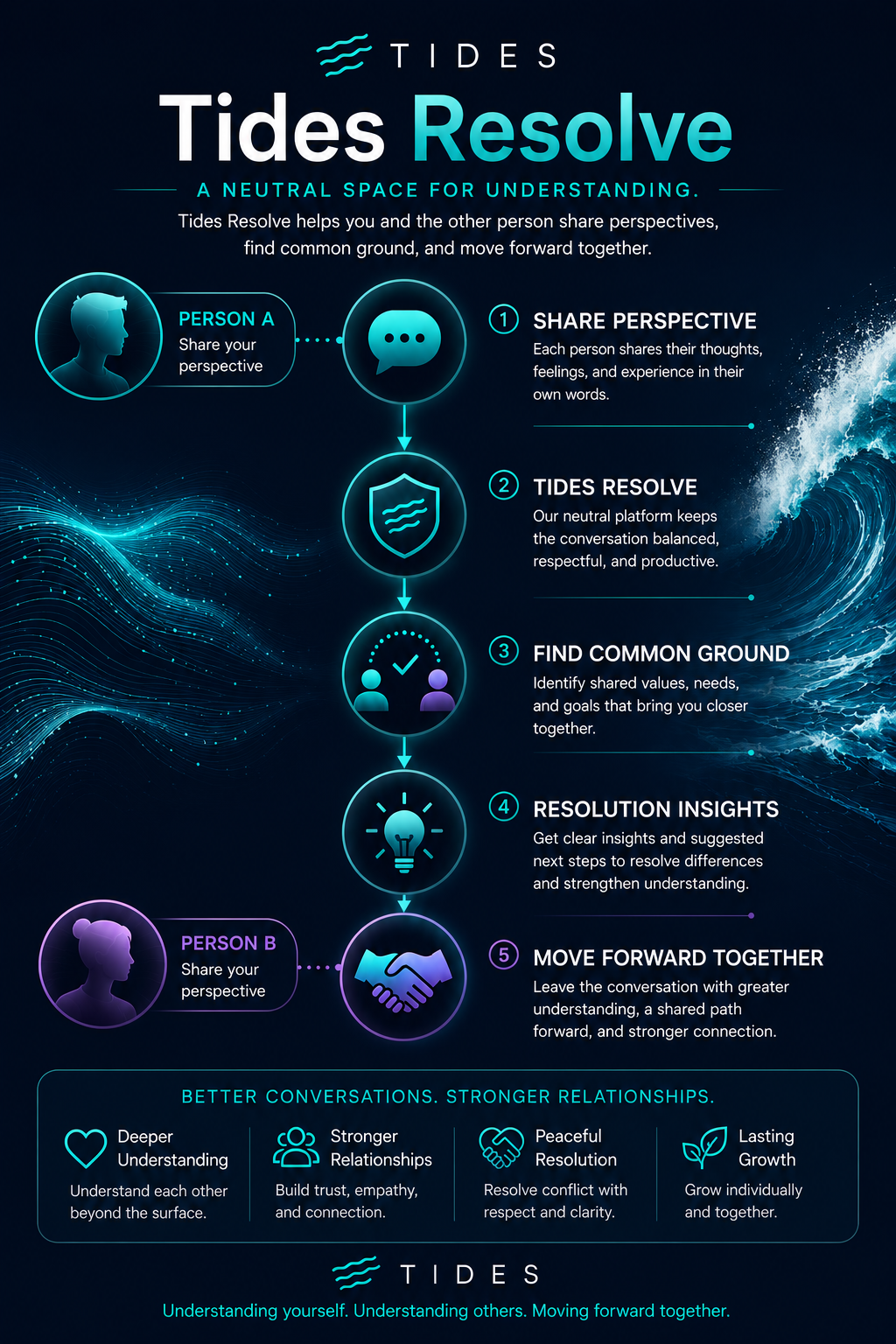 A visual overview of how Tides Resolve helps two people privately share perspectives, find common ground, receive resolution insights, and move forward together.